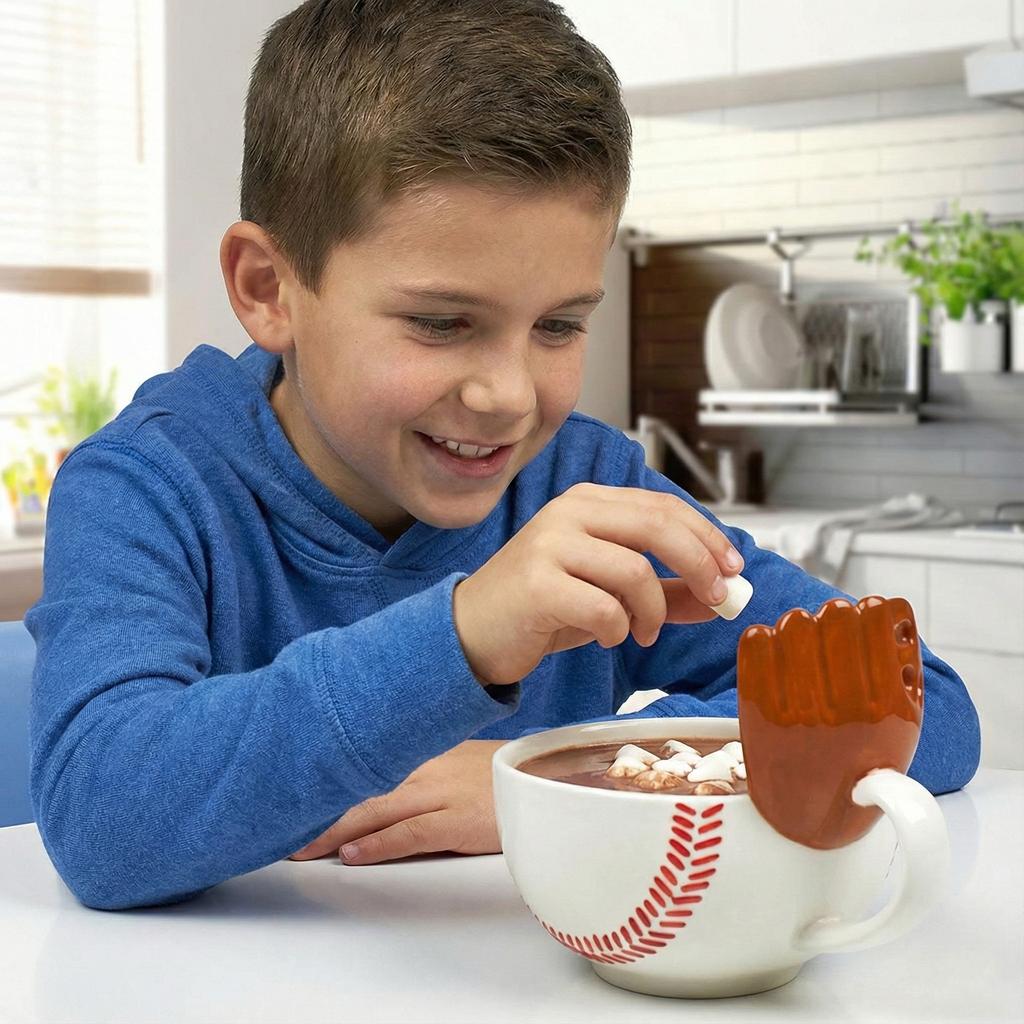 Child in a blue shirt adding marshmallows to a hot chocolate baseball mug with a glove design.