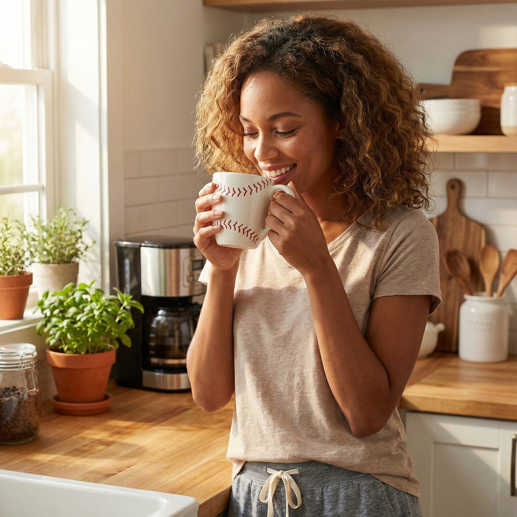 Woman drinking from a baseball coffee mug in a cozy kitchen