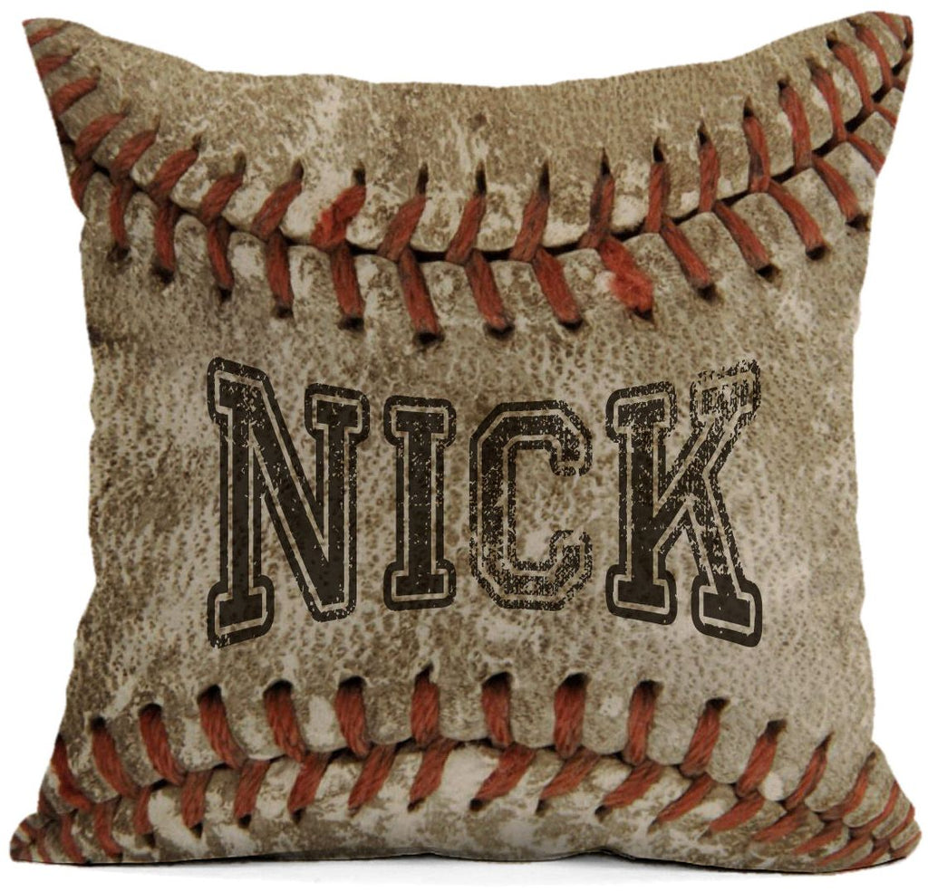 Personalized custom old baseball square pillow on white background.