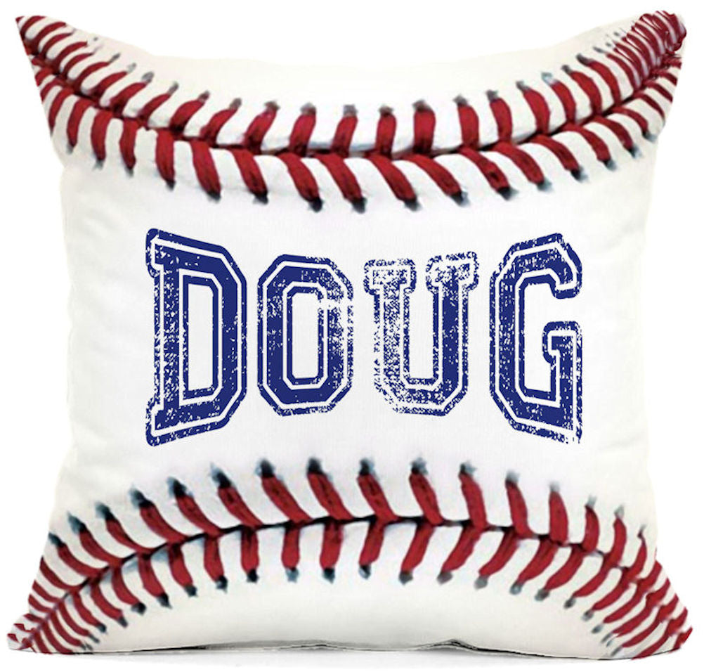 Personalized custom white baseball square pillow on white background.
