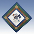 Baseball needlepoint embroidered pattern design of a snowman playing baseball with text on a blue and white background