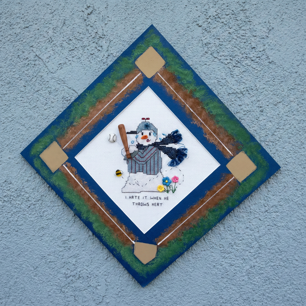 Cross-stitched baseball snowman needlepoint pattern with a broom on a diamond-shaped patch with a blue border.