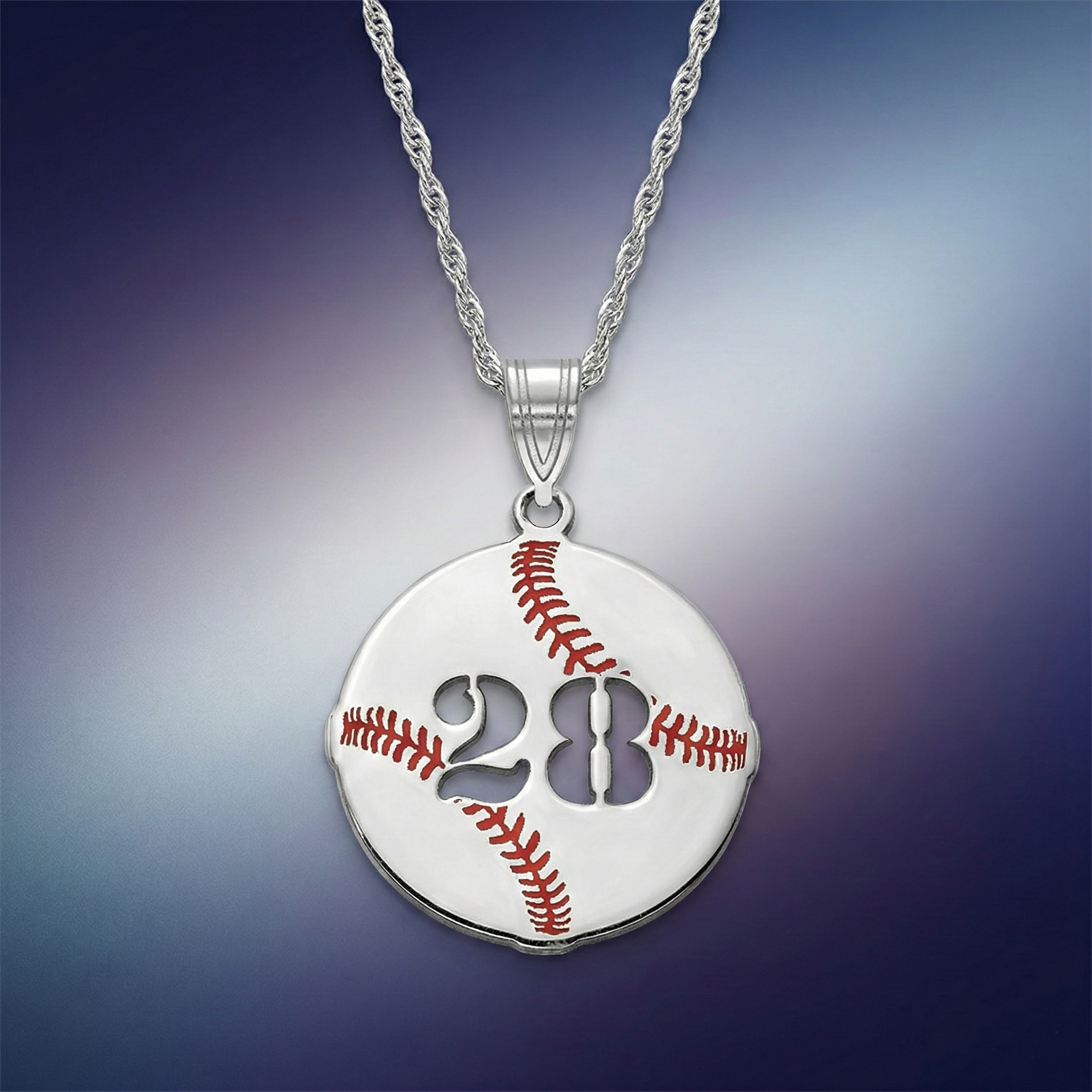 Baseball-themed necklace with custom number 28 on a gradient background