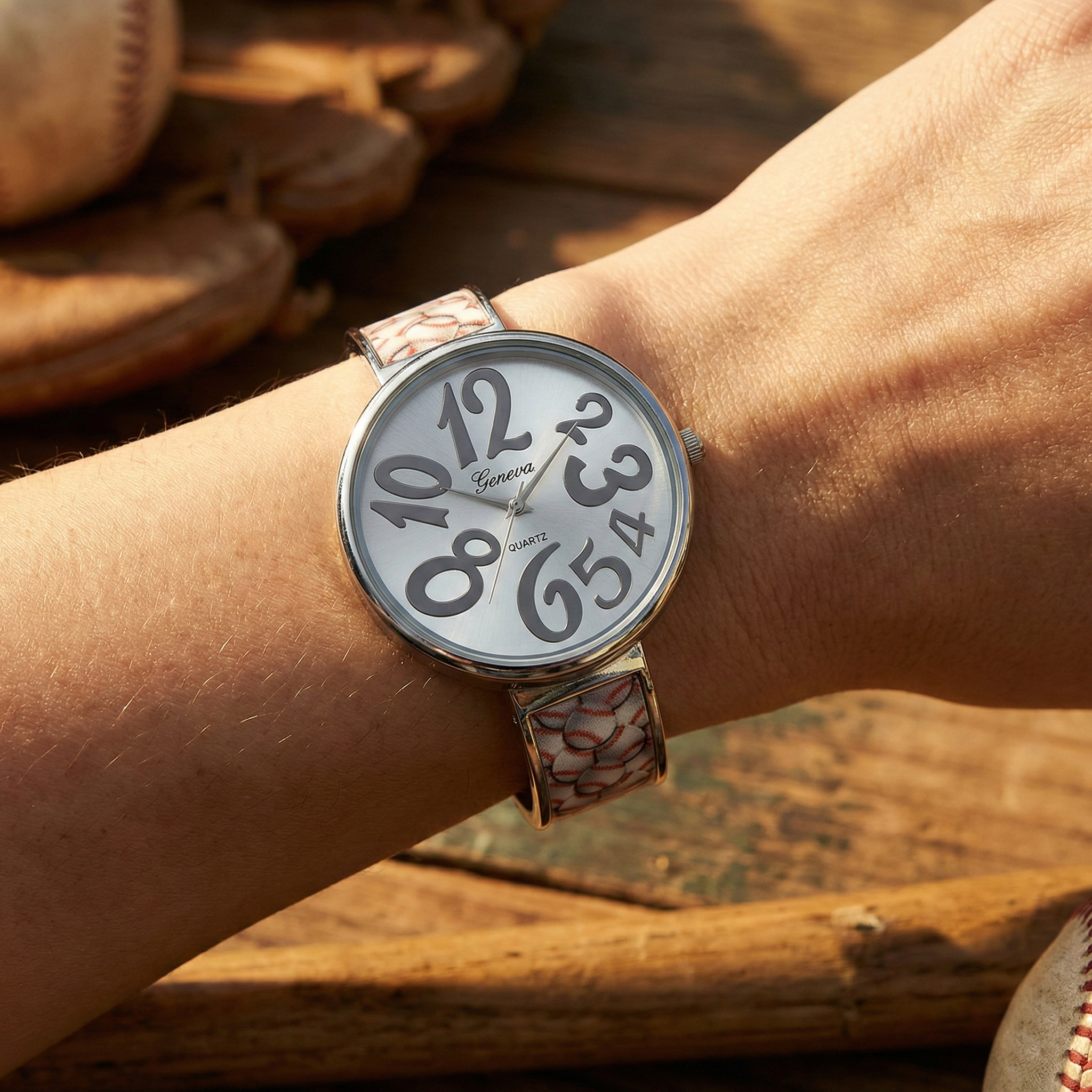 Wrist wearing a silver cuff watch with a baseball strap and a vintage baseball background.