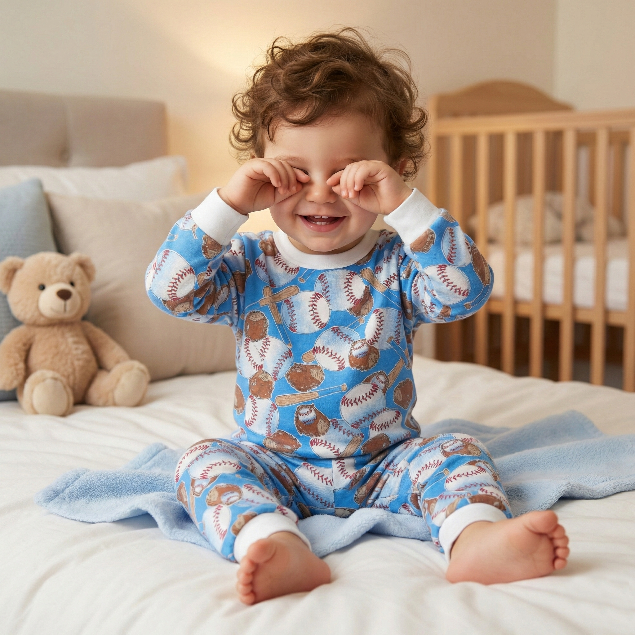 Ball Game Kids Baseball Pajamas on a boy on a bed by a crib