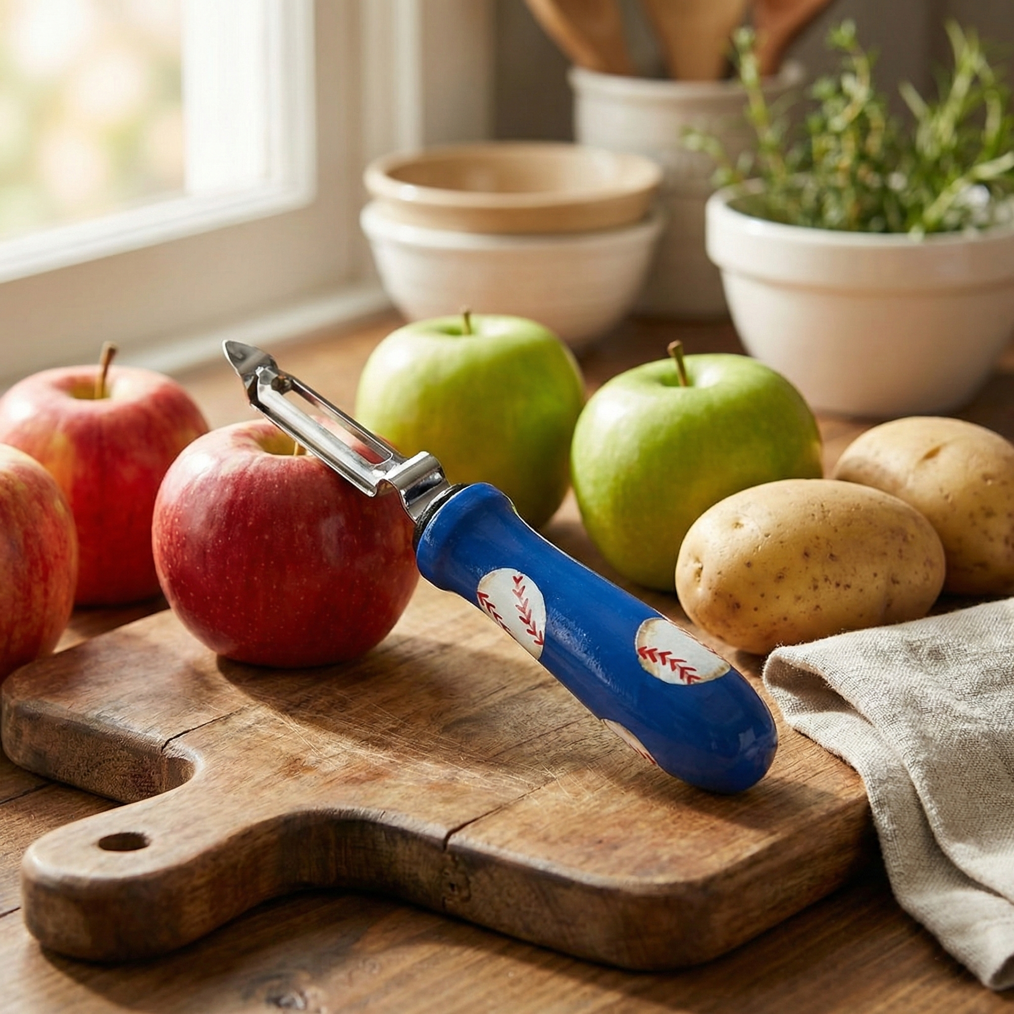 Blue baseball vegetable peeler on a wooden cutting board with apples and potatoes