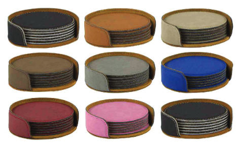 Set of round leather coasters in various colors arranged in a grid.