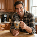 Man holding a steaming mug of coffee with a pewter baseball design a kitchen