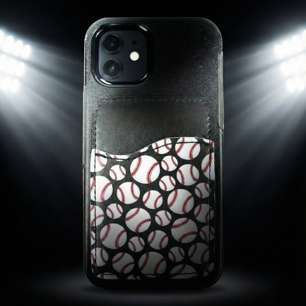 Phone case with baseball pattern on a dark background