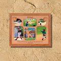 Wooden photo frame with baseball-themed images and text on a beige wall.