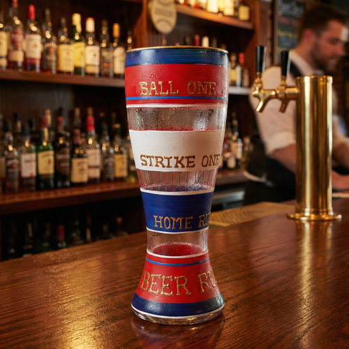 America's Pastime Baseball Pilsner Glass on a nice bar