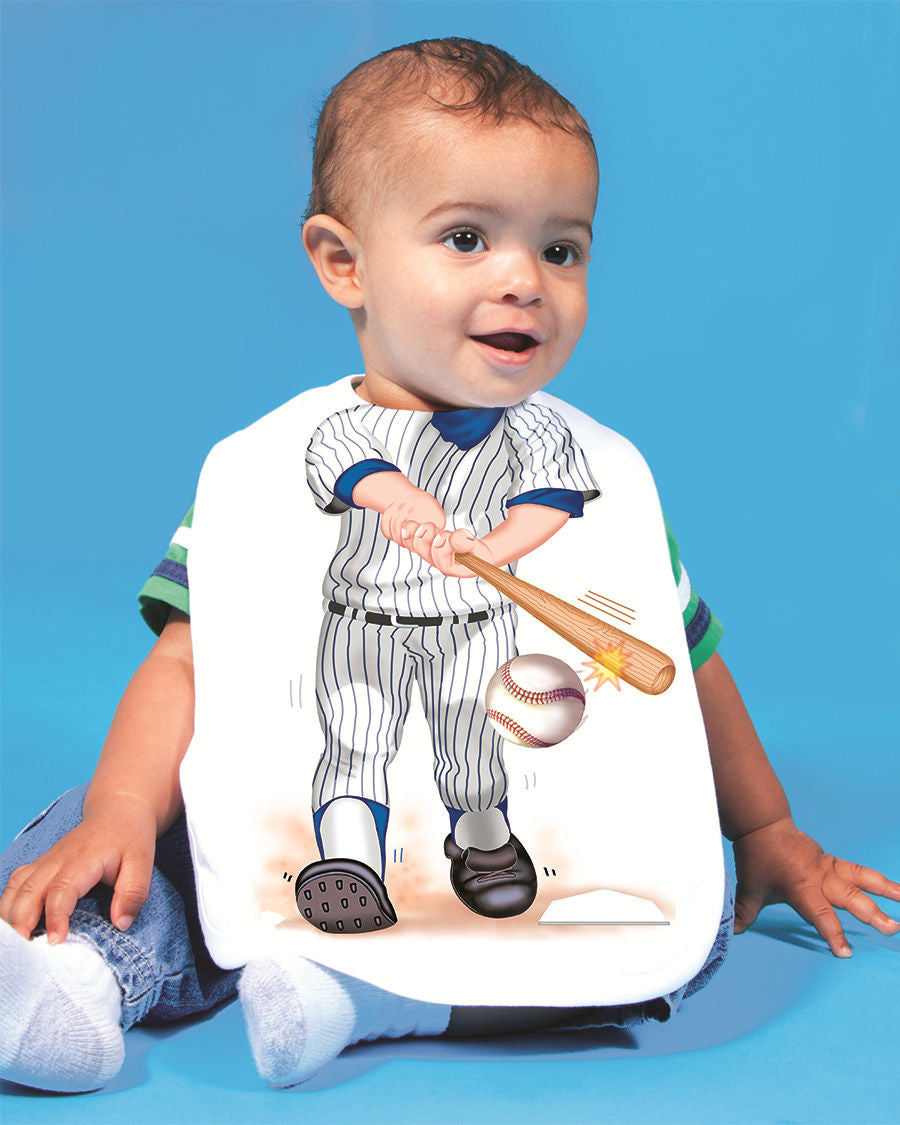 Just Add a Kid Baseball Batter Oversized Bib on blue background