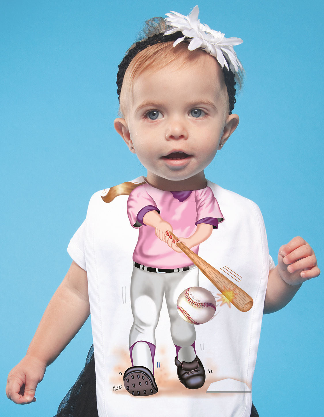 Just Add a Kid Pink Baseball Batter Oversized Bib on blue background
