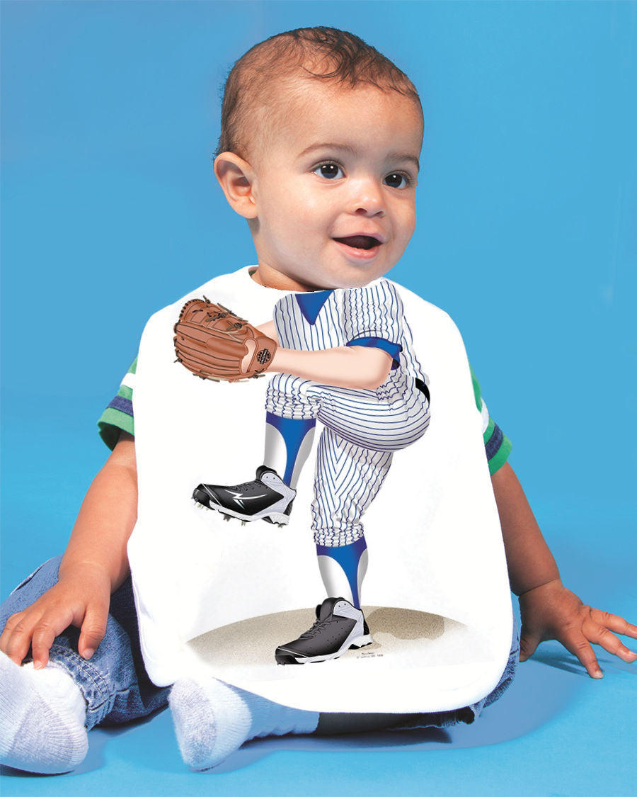 Just Add a Kid Baseball Pitcher Oversized Bib on blue background