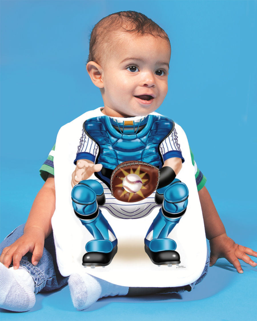Just Add a Kid Baseball Catcher Oversized Bib on blue background