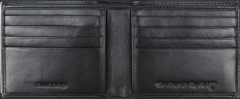 Black leather wallet with multiple card slots and a brand logo.