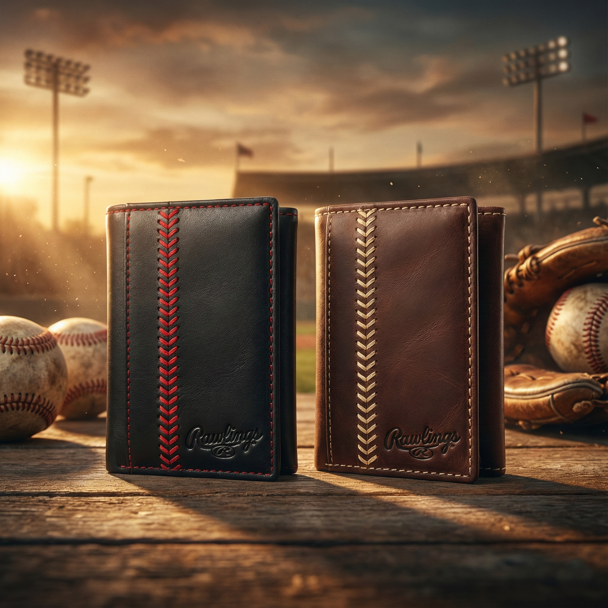 Rawlings Baseball Stitch black and brown Leather Trifold Wallets