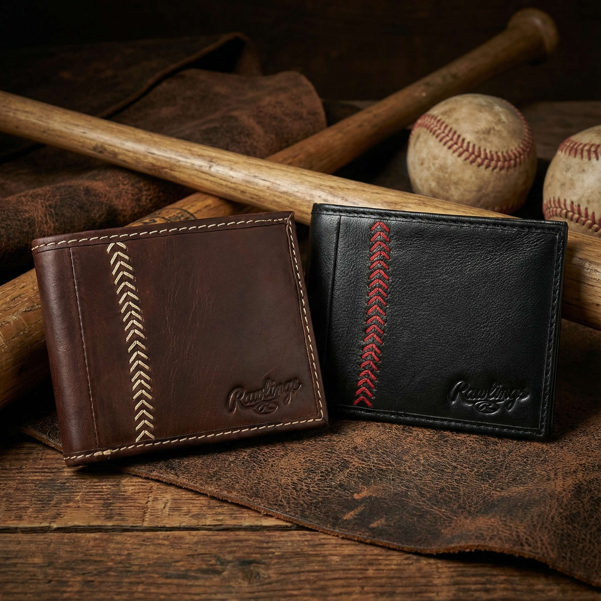 Rawlings Baseball Stitch brown and black Leather Bifold Wallets