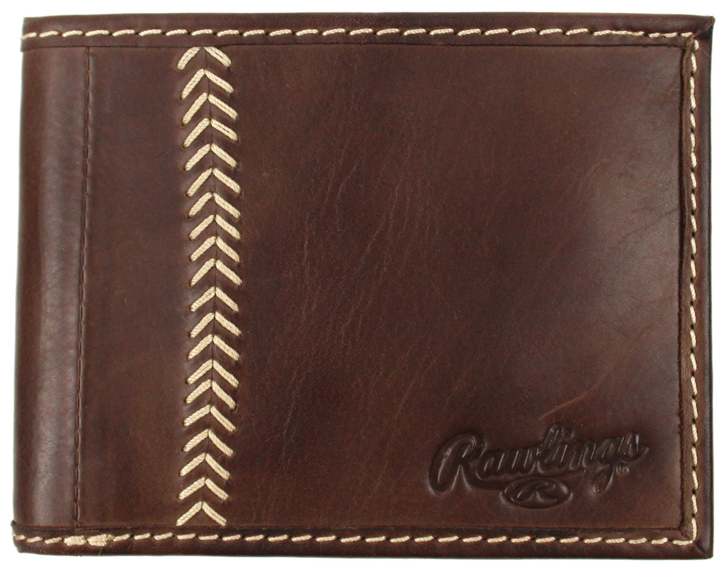Brown leather wallet with white stitching and brand logo on a white background