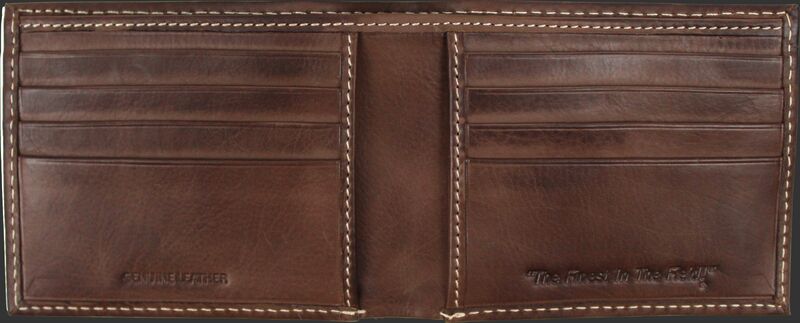 Brown leather wallet with stitching details on a brown background