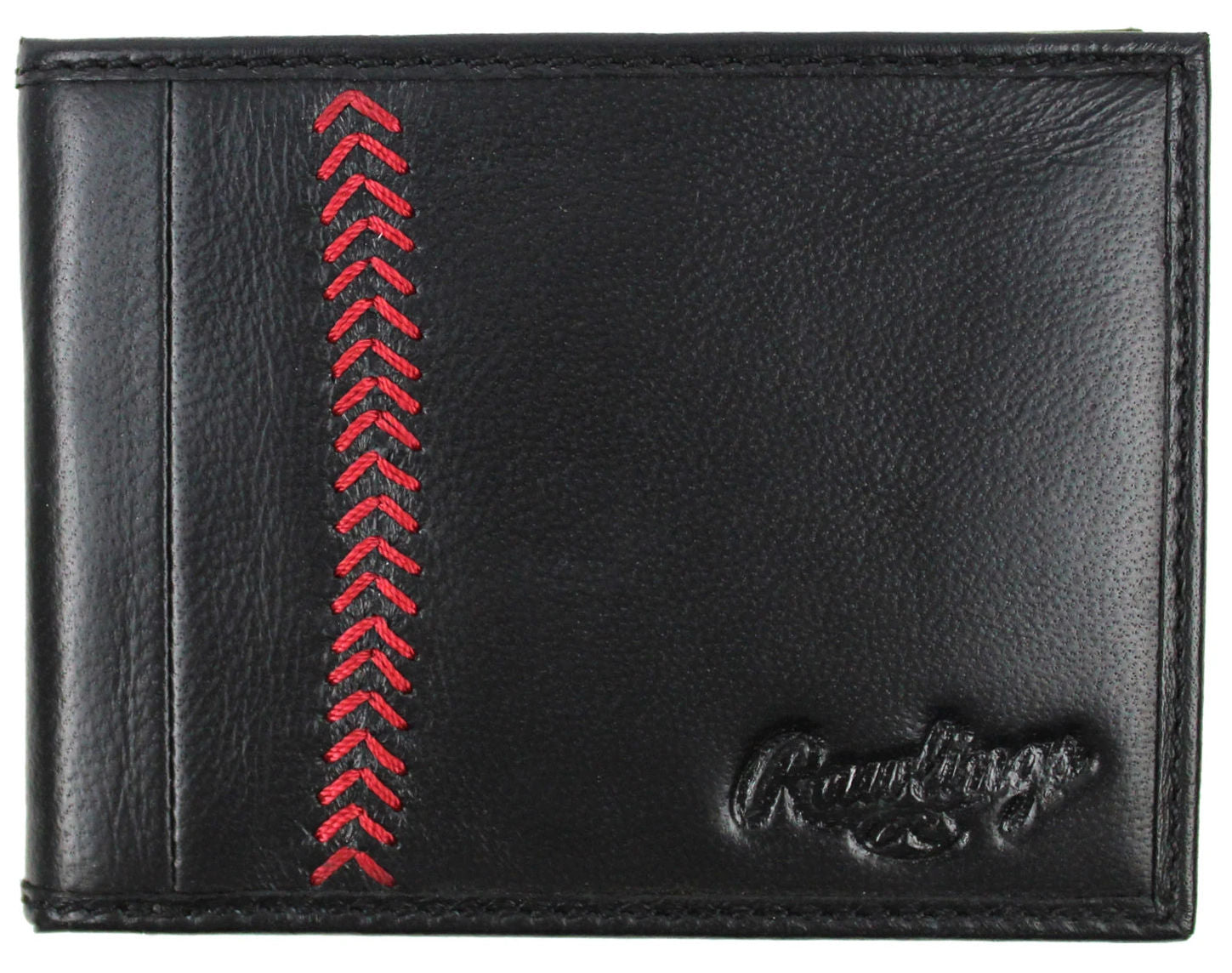 Black leather wallet with red stitching and a brand logo on a white background
