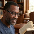 Man reading a book in a cozy room with bookshelves