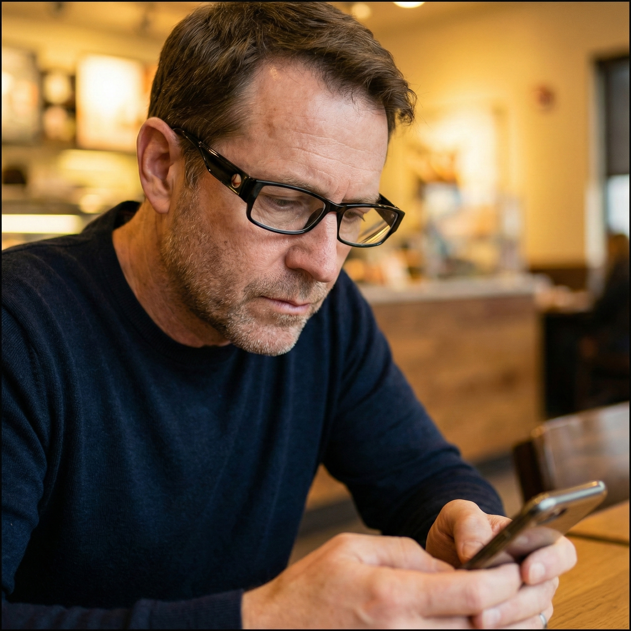 Man wearing glasses and a dark shirt using a smartphone in a blurred indoor setting