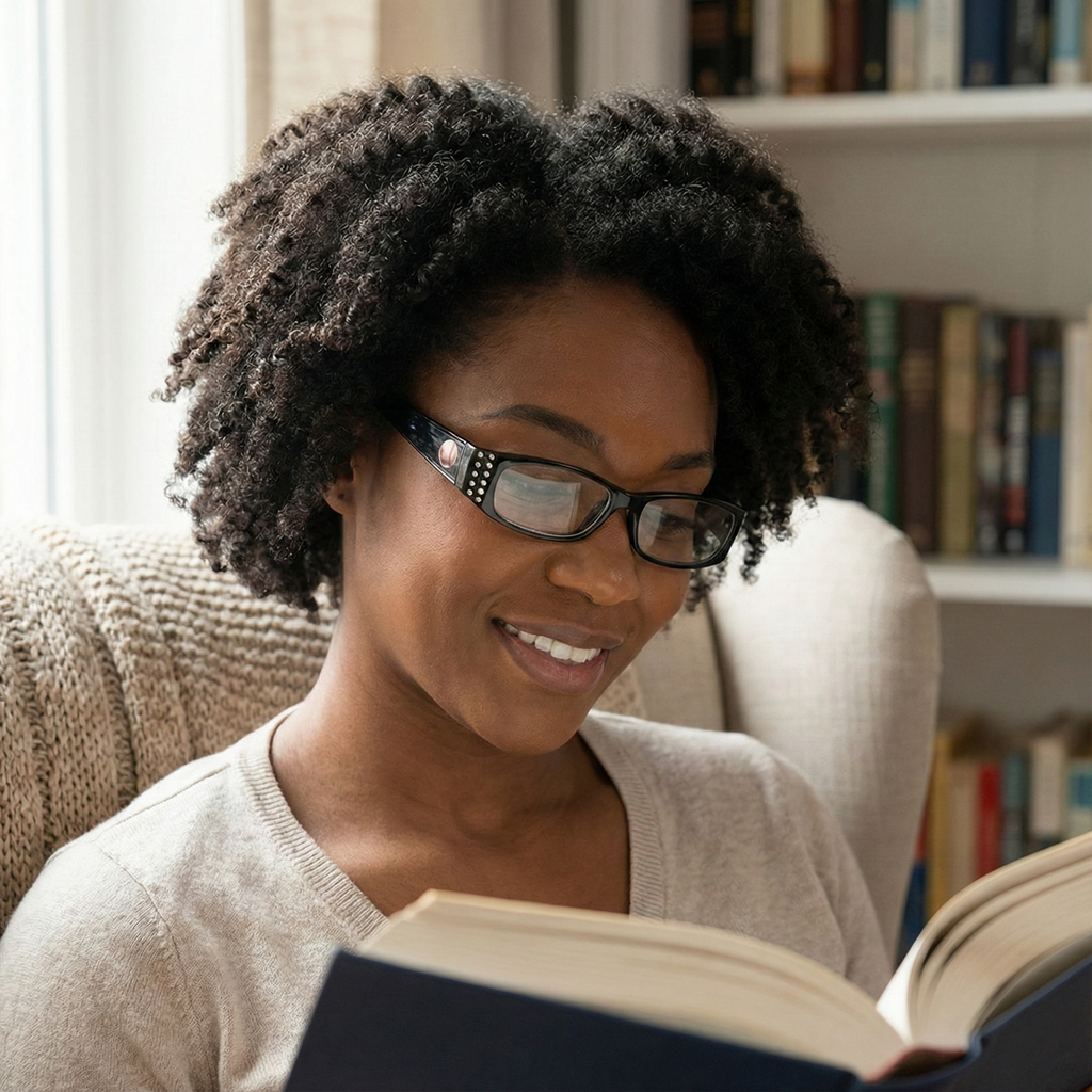 Woman with baseball glasses reading a book in a cozy room with books on shelves.