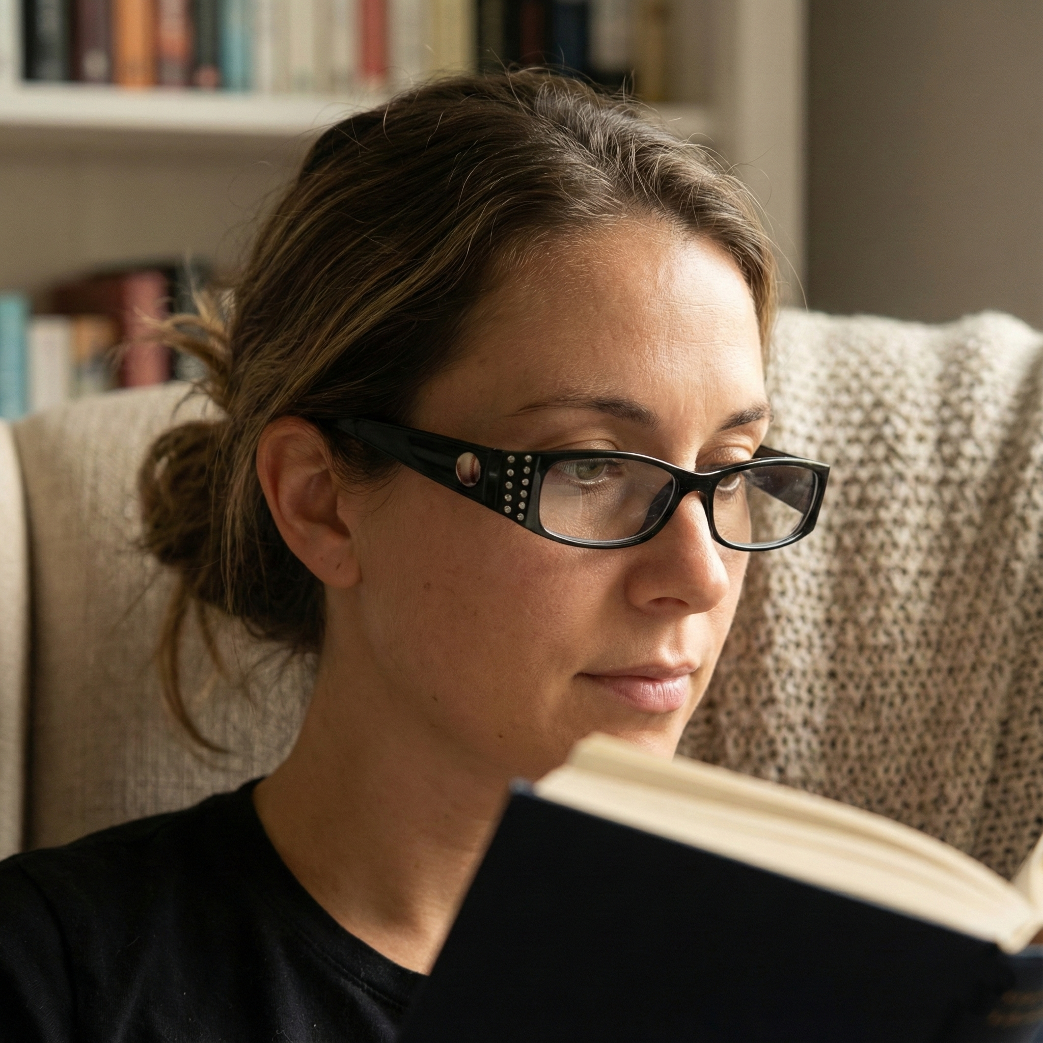 Woman wearing baseball glasses reading a book in a cozy setting with books on a shelf.