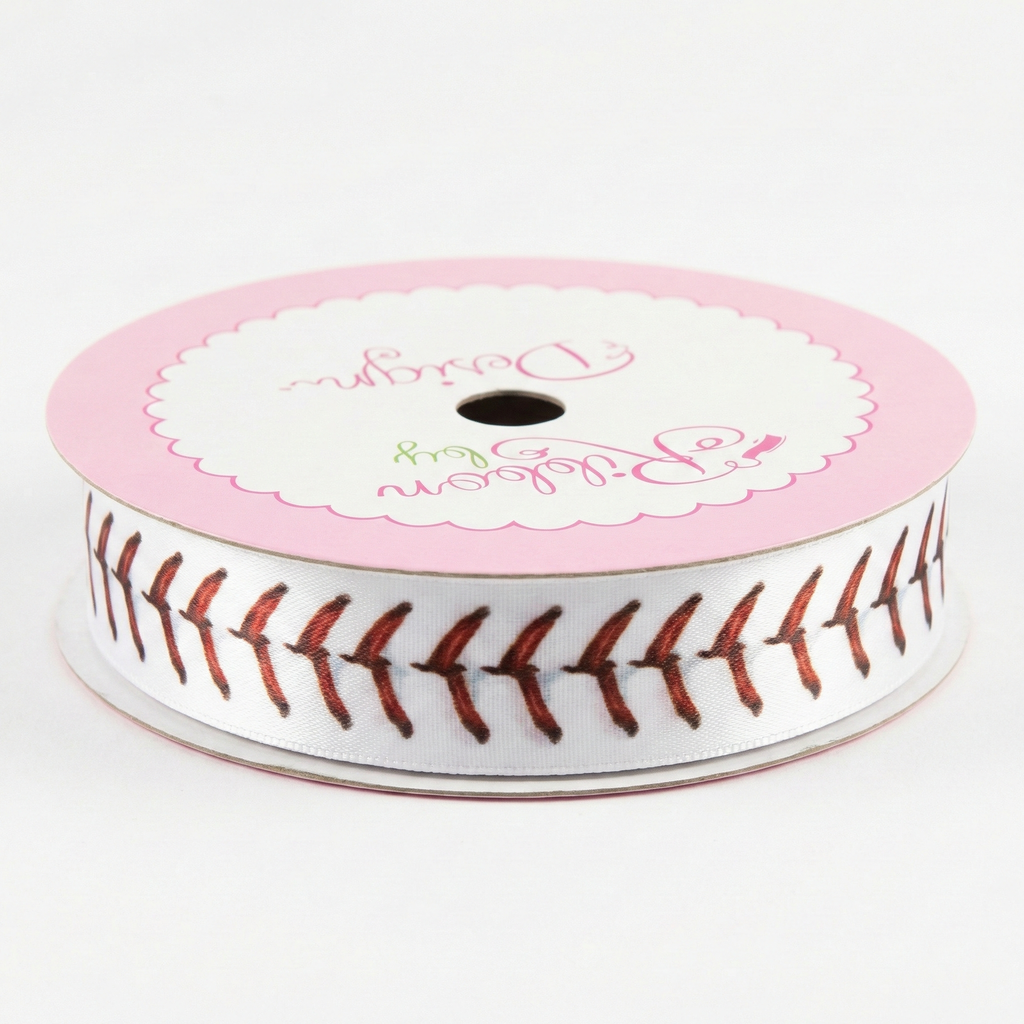 Spool of ribbon with baseball stitching pattern on a white background