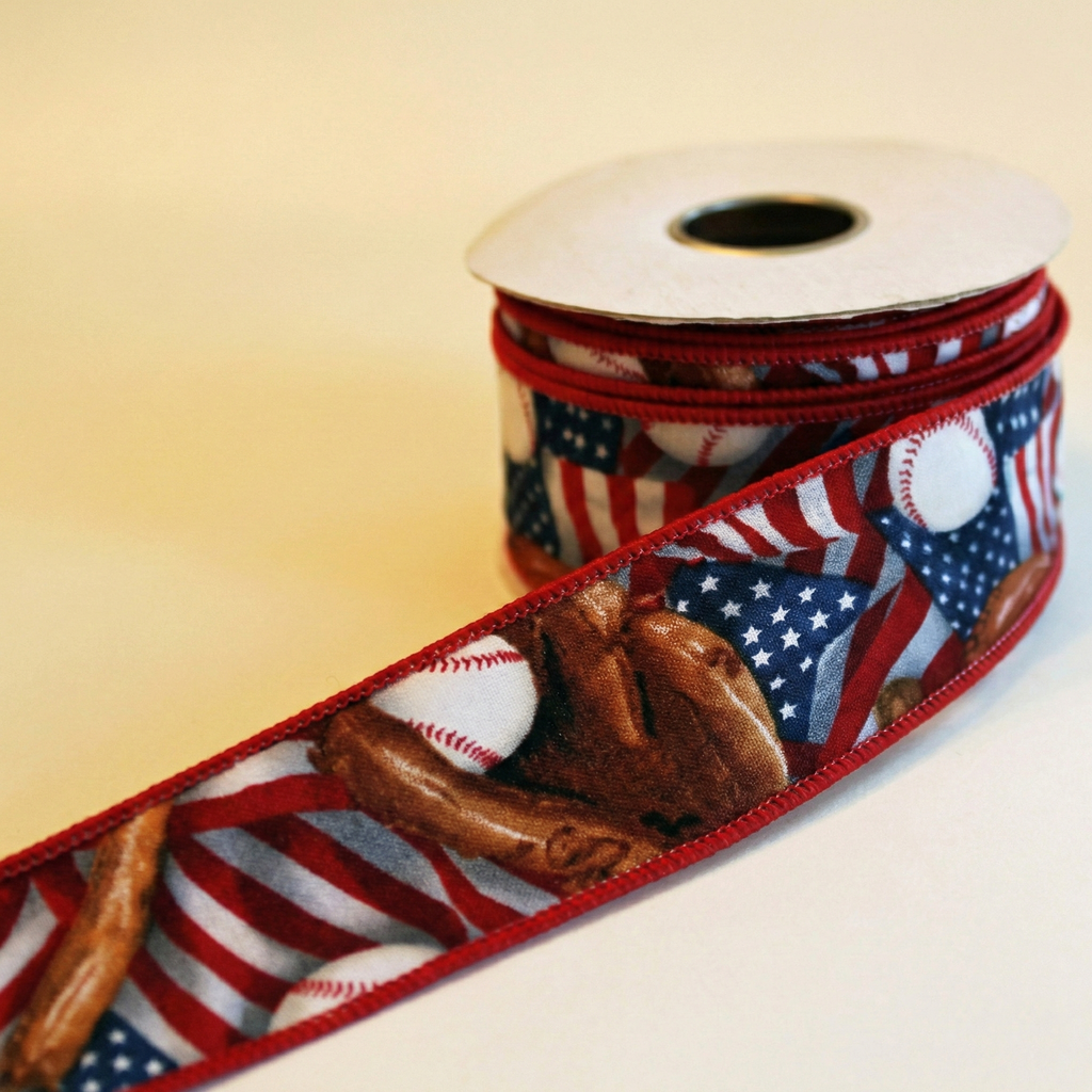 Roll of ribbon with baseball and American flag pattern on a beige background