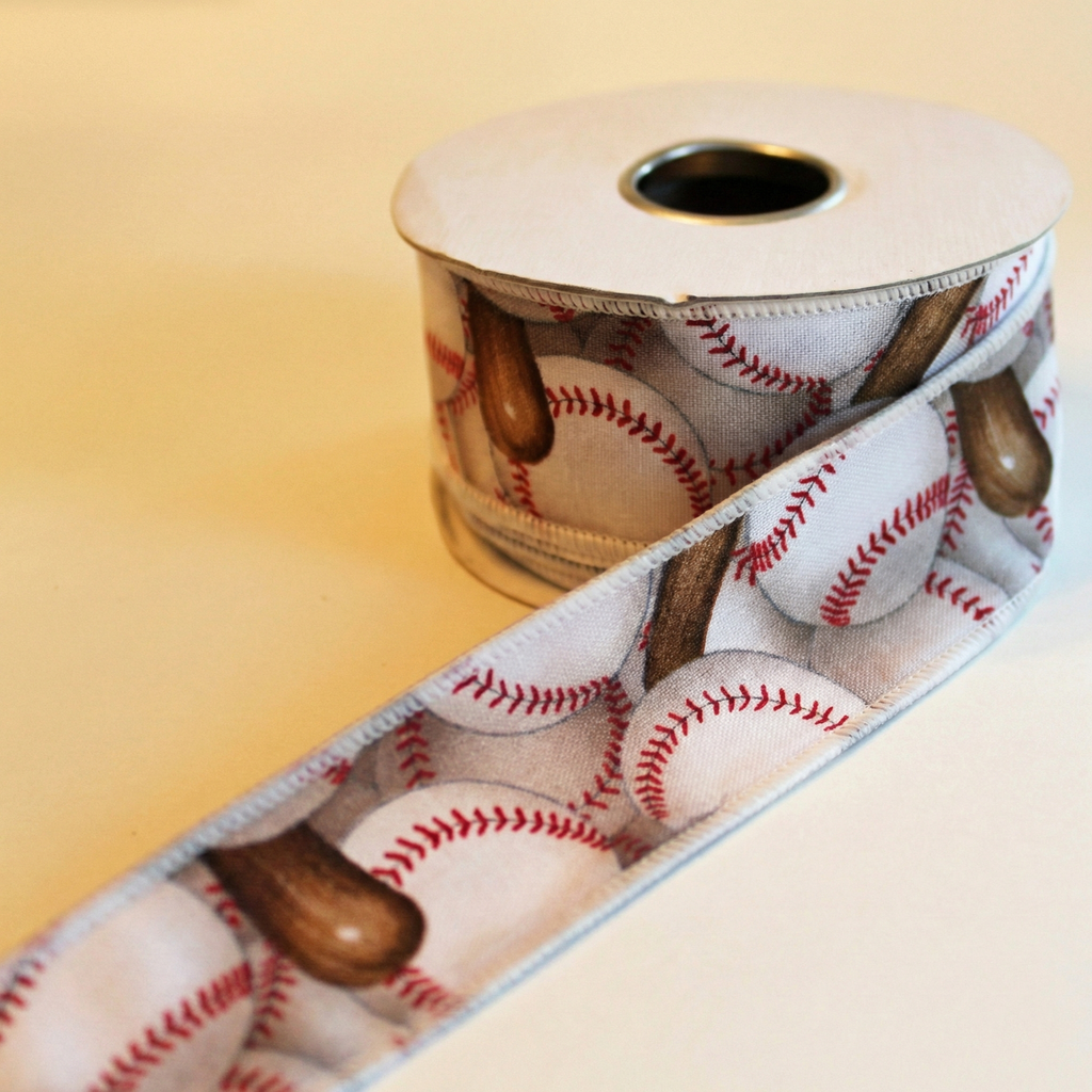 Roll of ribbon with baseball and bat pattern on a beige background