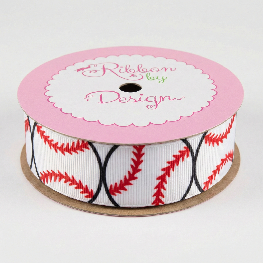 Spool of ribbon with baseball pattern on a white background