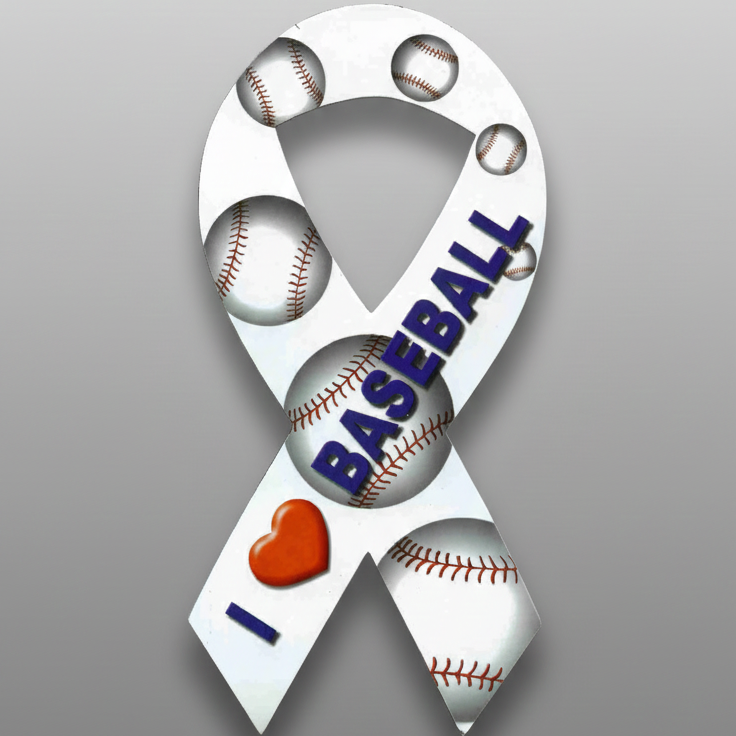 White ribbon car magnet with baseballs and 'BASEBALL' text on a gray background