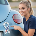 Woman pointing to a baseball car magnet on a VW.