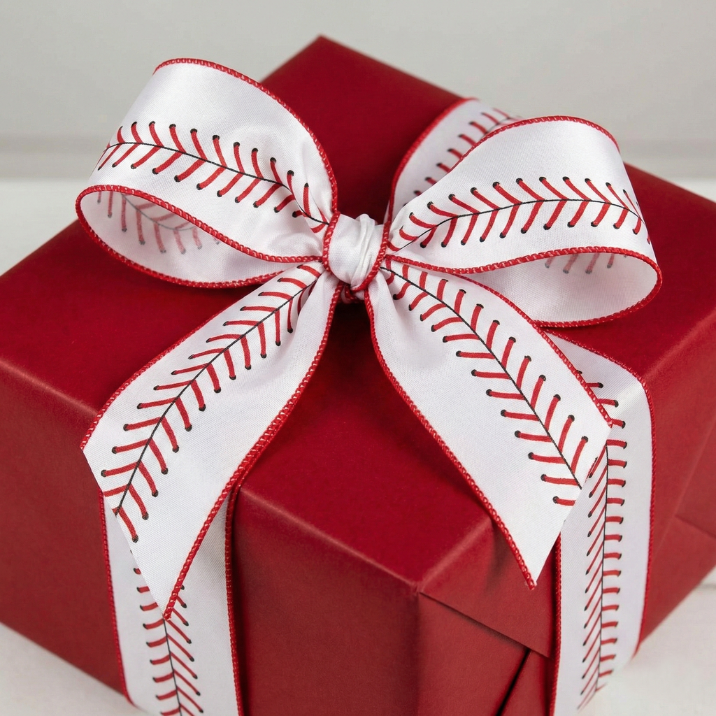 Red gift box with a white ribbon featuring red baseball stitching on a light gray background