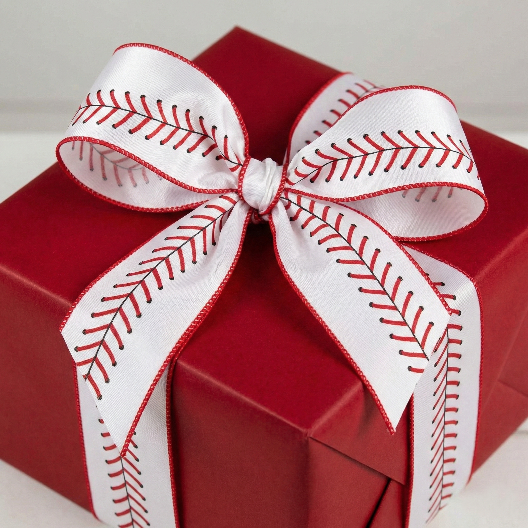 Red gift box with a white ribbon featuring red baseball stitching on a light gray background