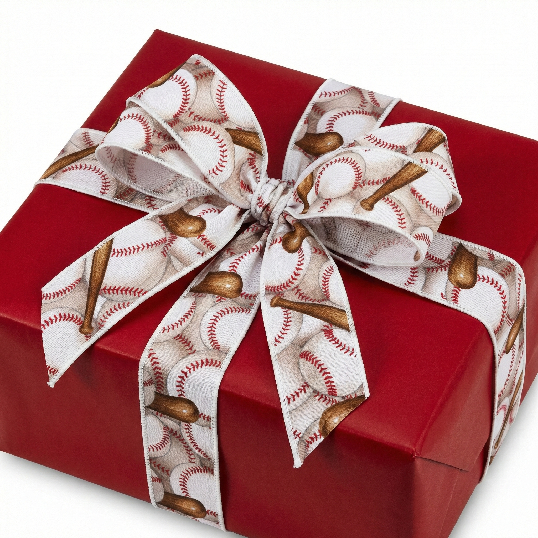 Red gift box with a baseball-themed ribbon on a white background