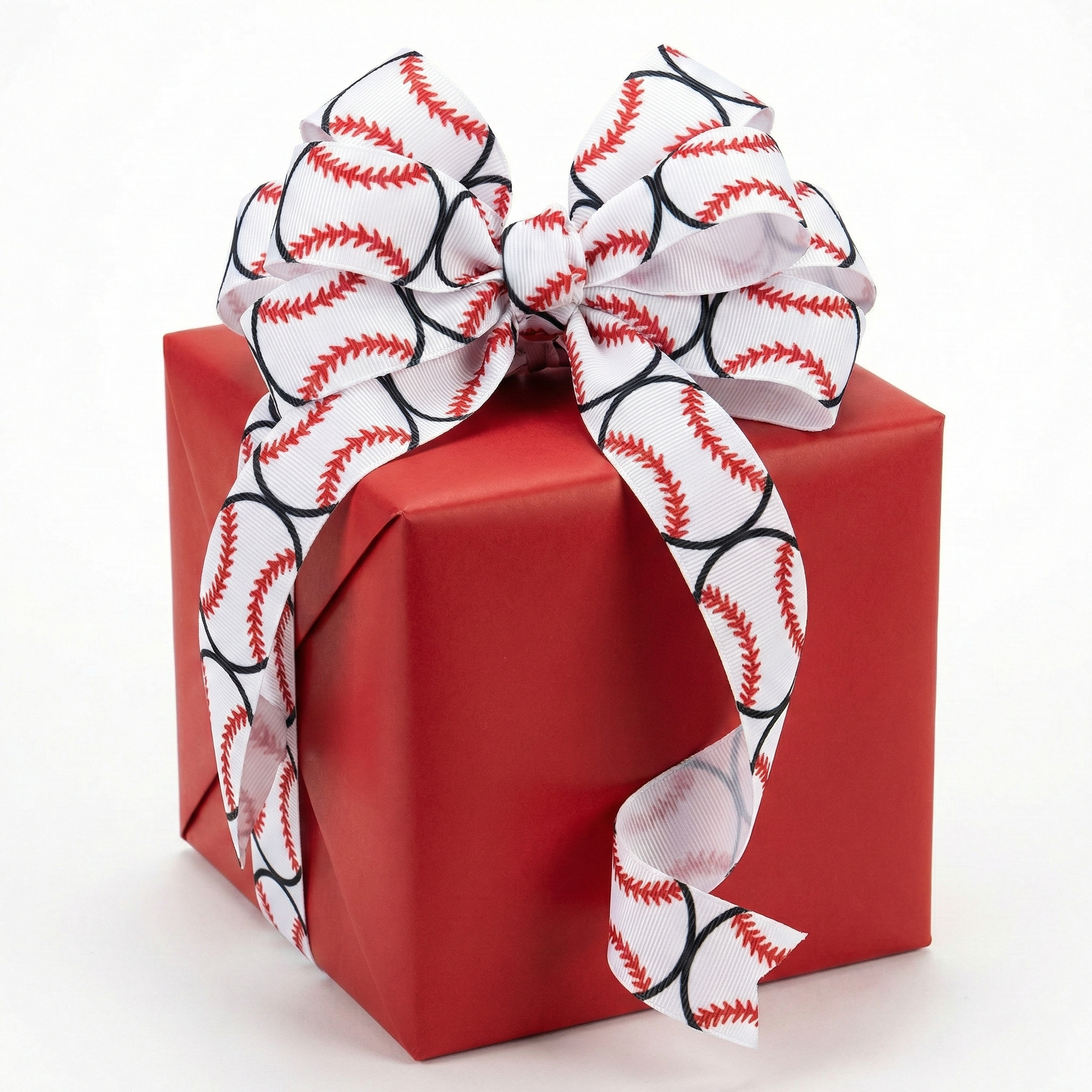 Red gift box with a large baseball-themed bow on a white background