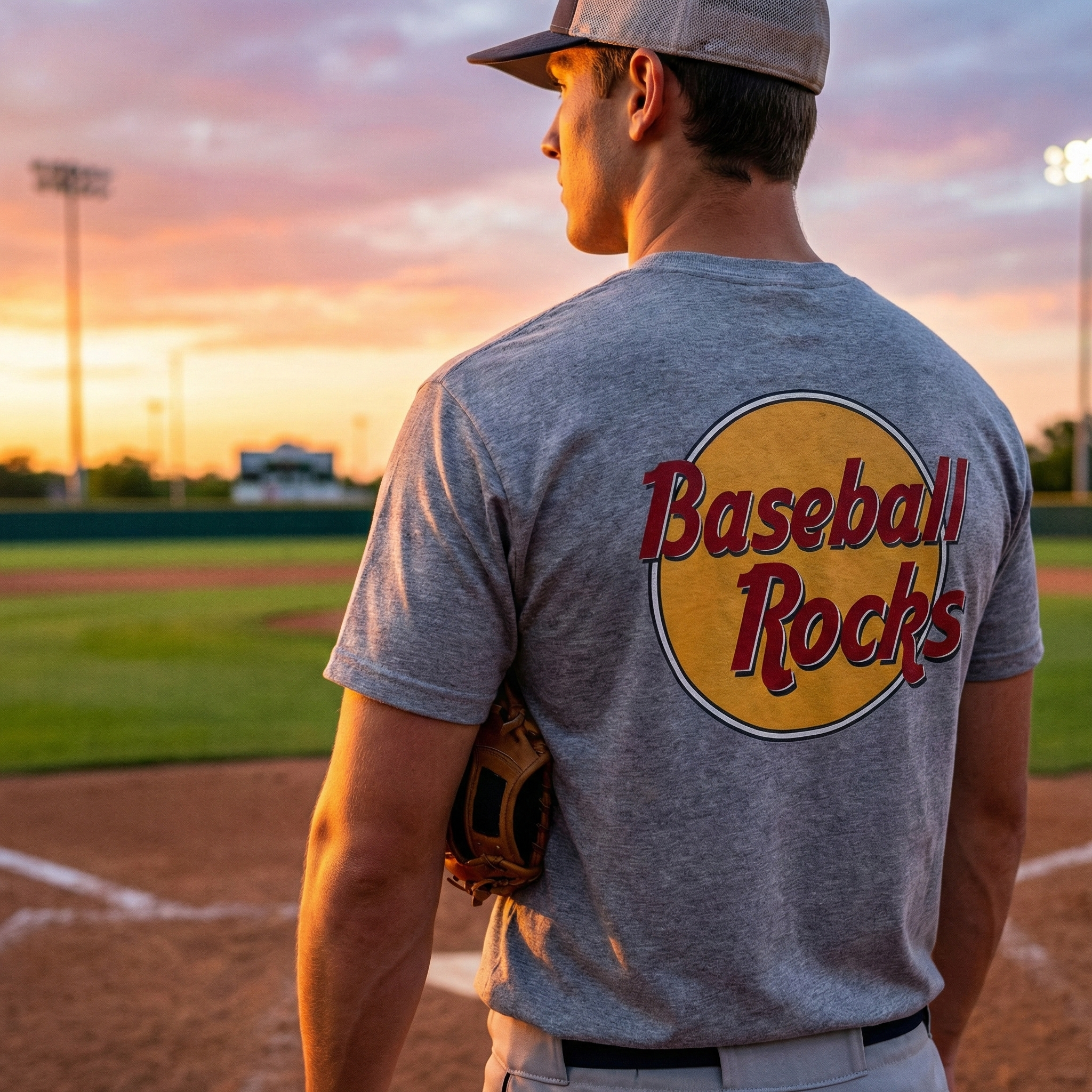 Person wearing a 'Baseball Rocks' t-shirt on a baseball field at sunset.