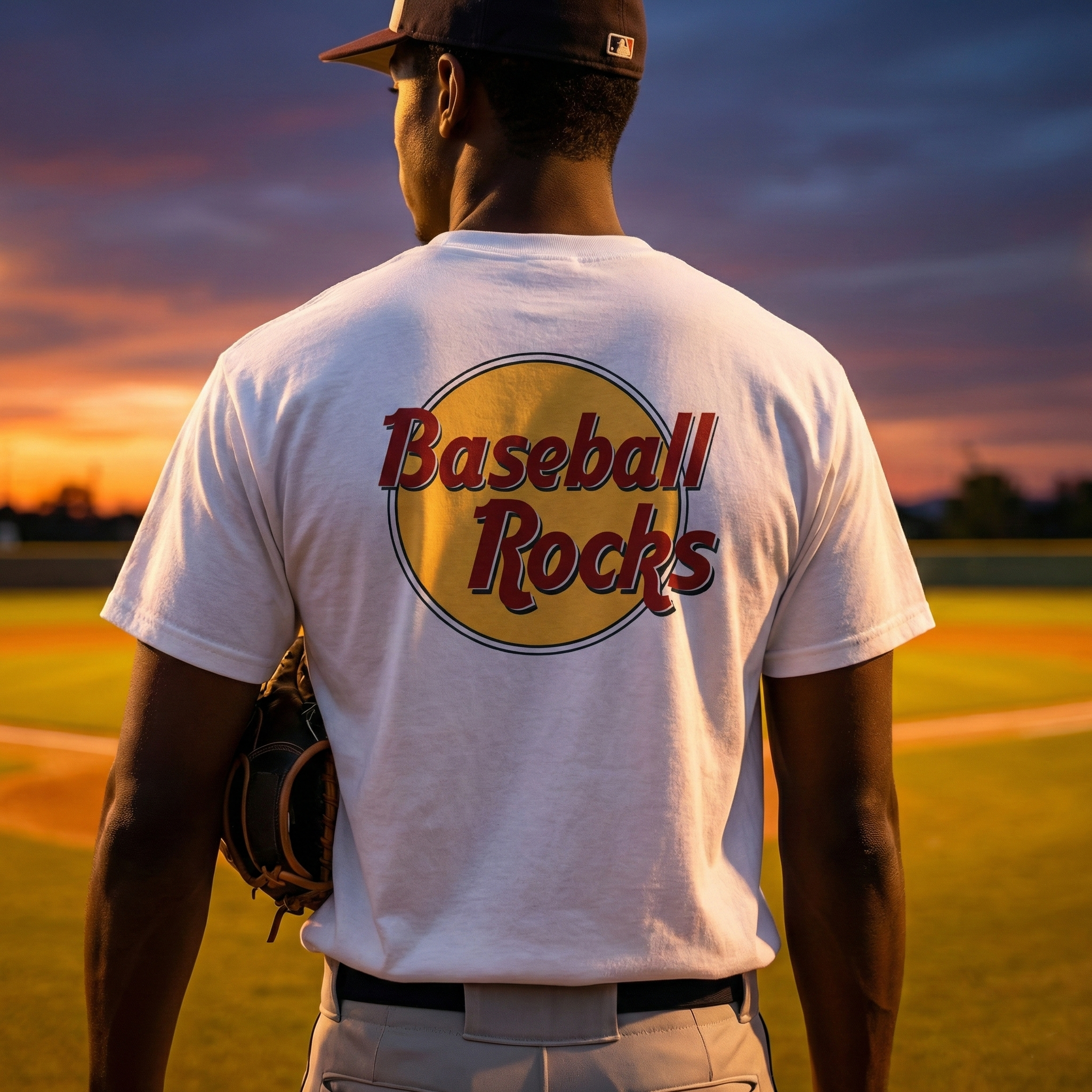 Person wearing a 'Baseball Rocks' t-shirt on a baseball field at sunset
