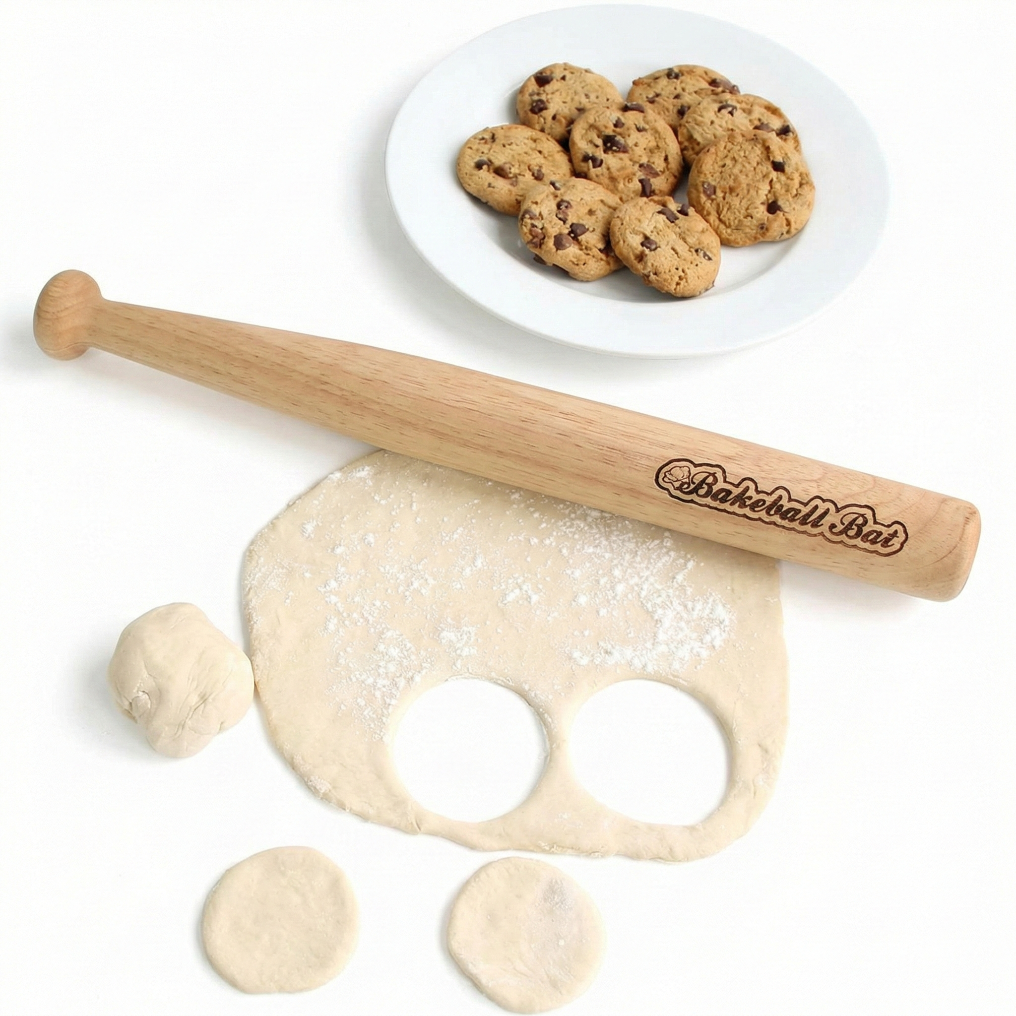 Wooden Baseball Bakeball Bat Rolling Pin on a white background.