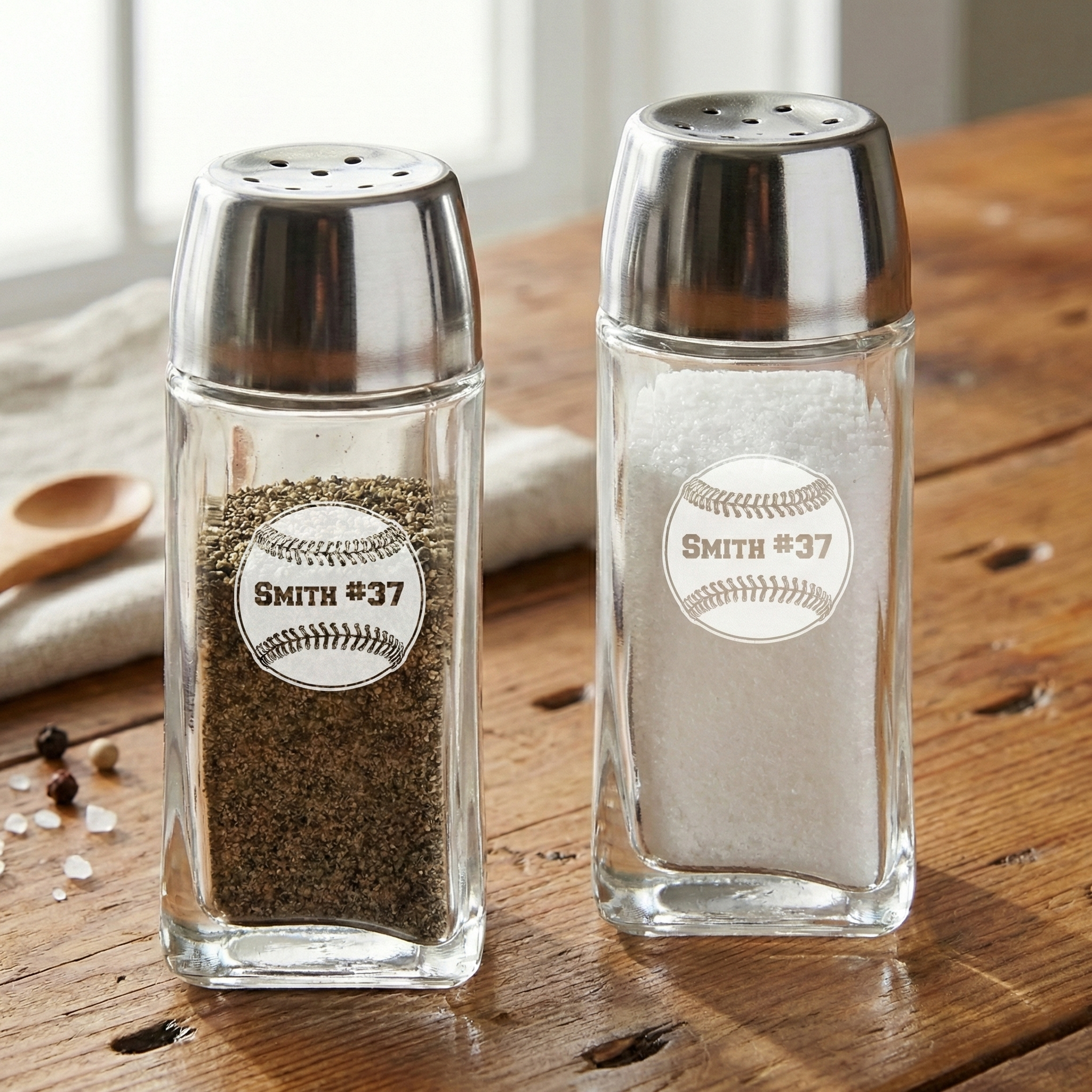 Two glass salt and pepper shakers with engraved baseball text on a wooden surface.