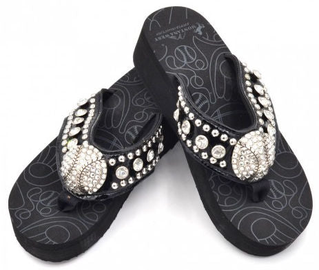 Black baseball flip-flops with rhinestone embellishments on a white background