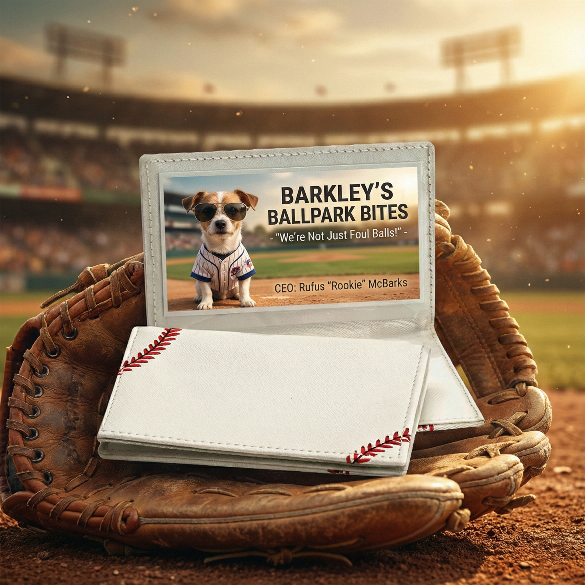 Baseball themed business card holder with a dog picture on a baseball field background