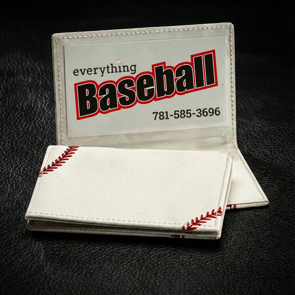 Baseball-themed business card holder with visible stitching on a black background