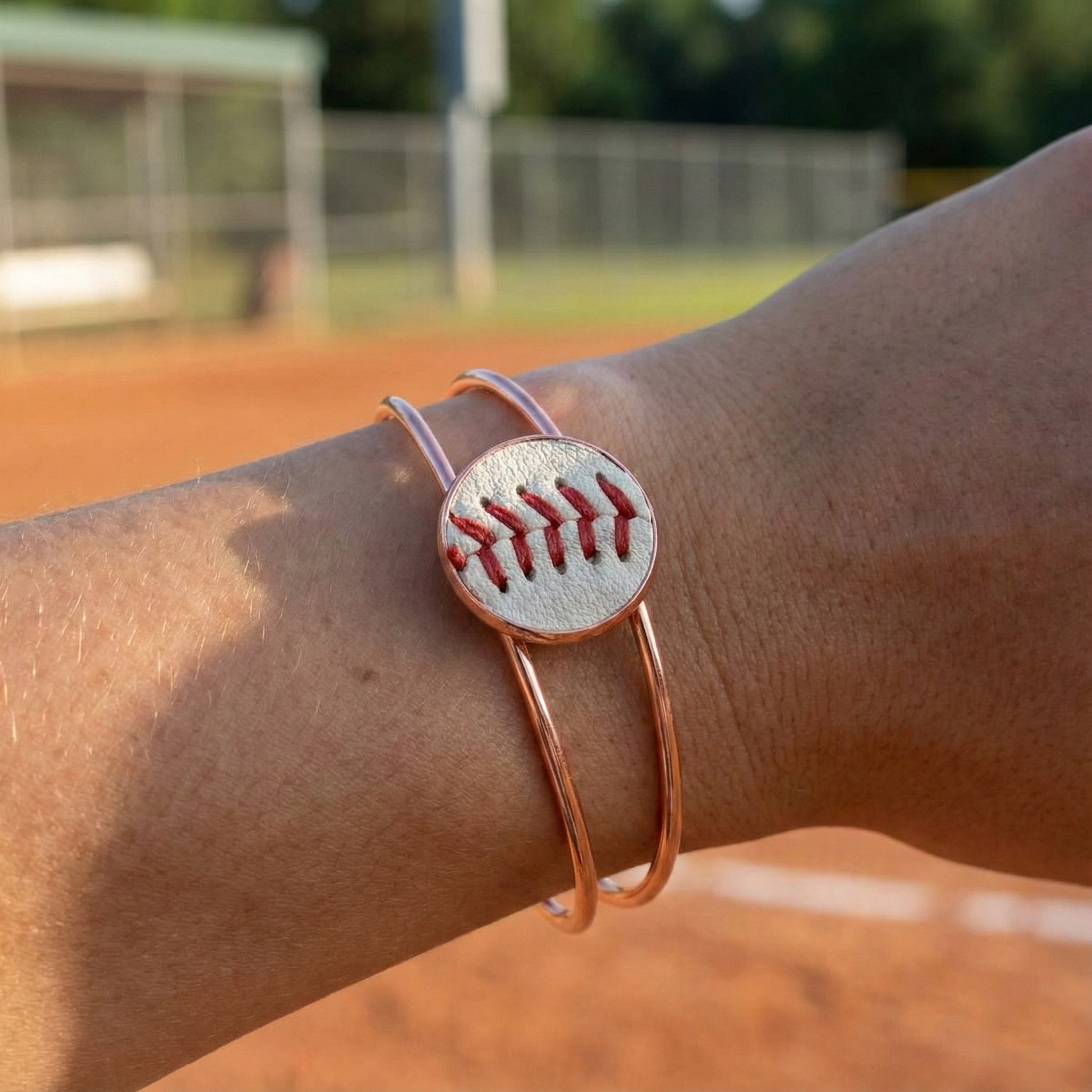 Bracelet with a baseball design on a wrist against a baseball field background