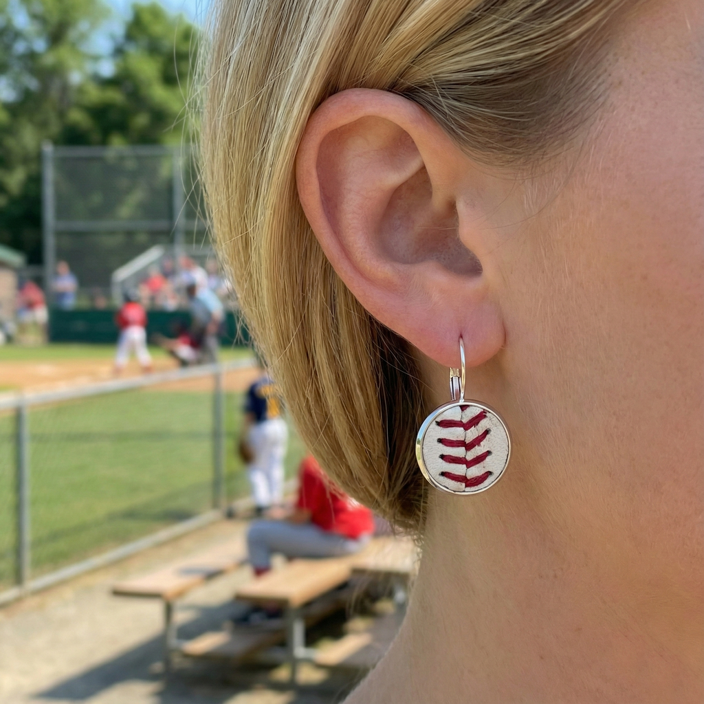 Close-up of an ear wearing a baseball-themed earring with a baseball field in the background