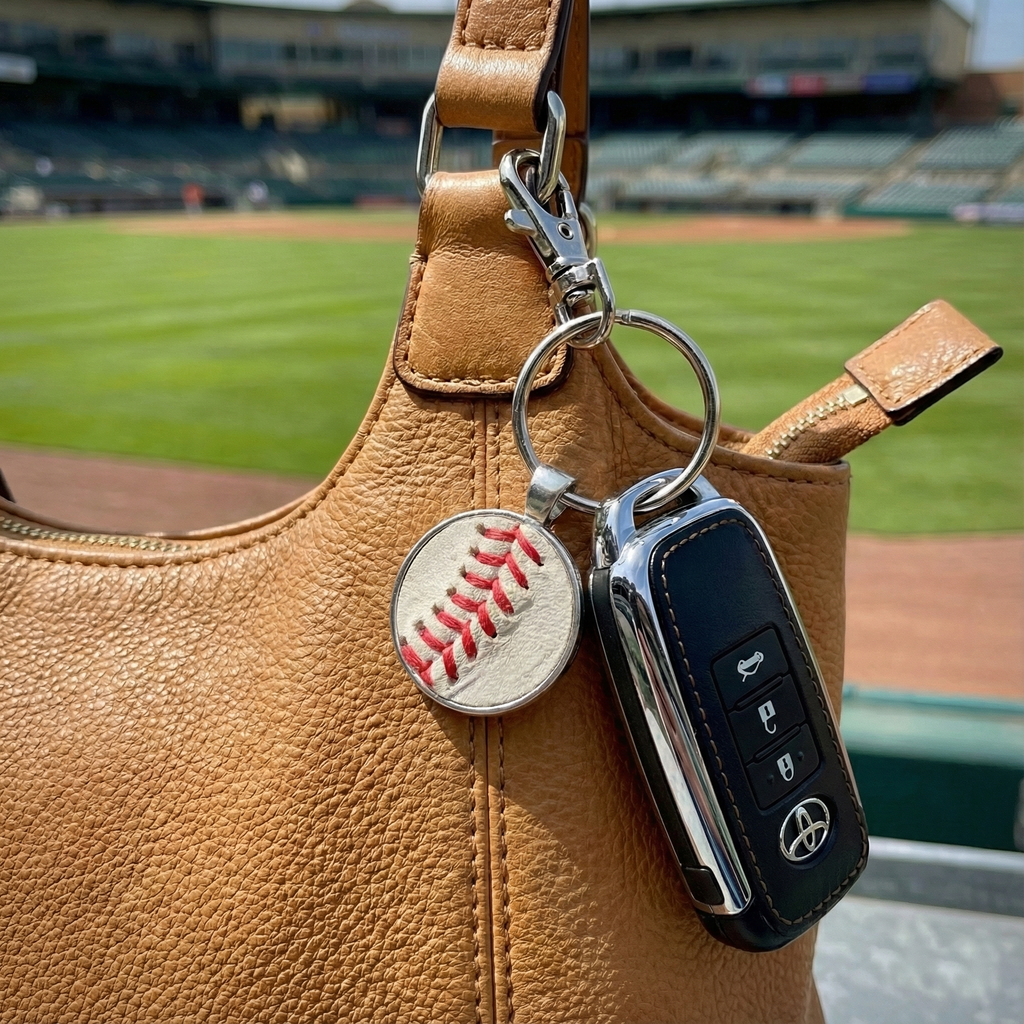 baseball seams co leather baseball key chain with clip on a purse at the baseball stadium