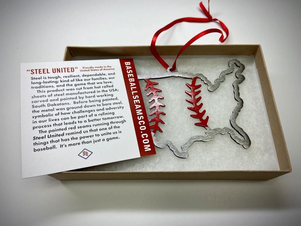 Metallic art baseball US ornament in a box with a card on a white background